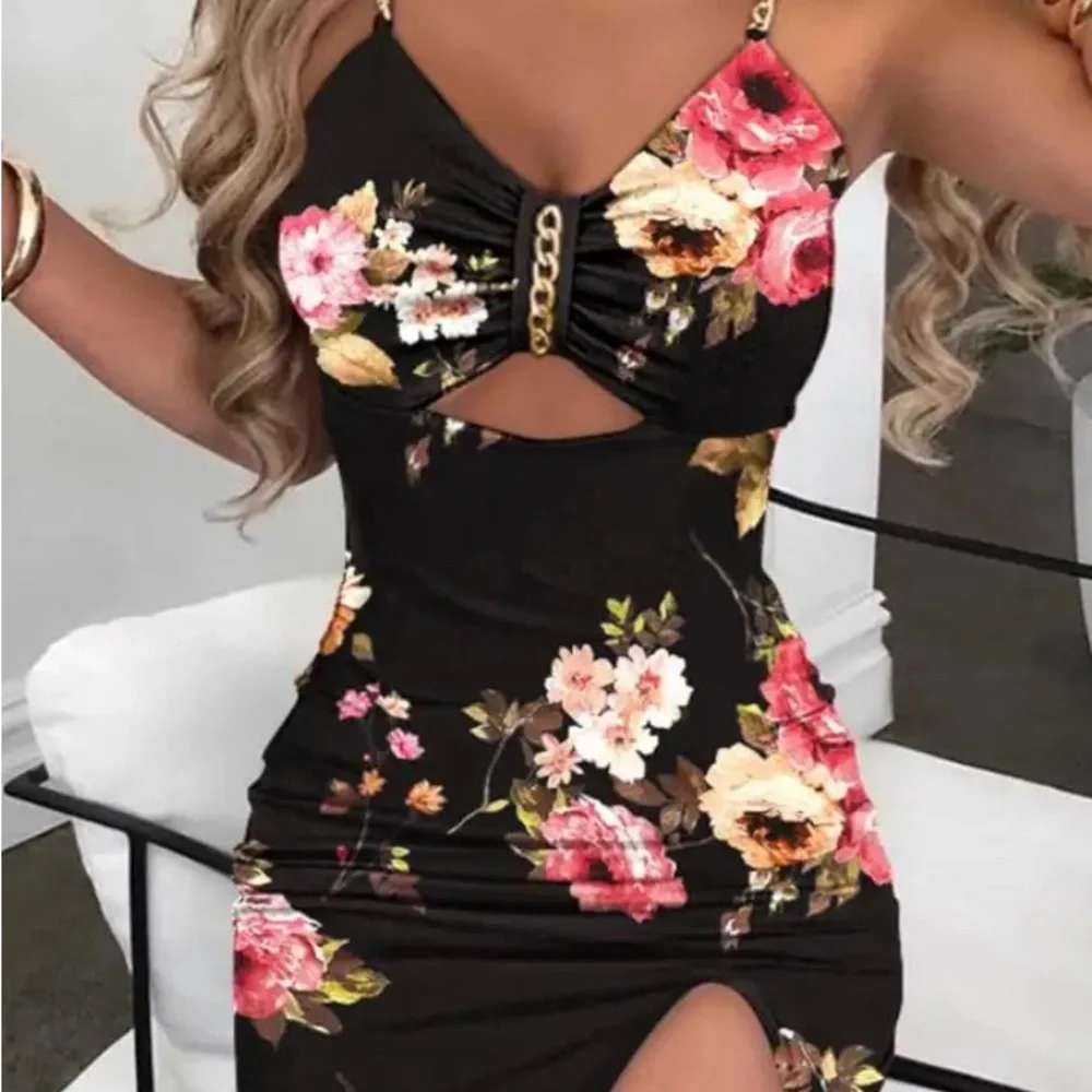 NWT Large Sexy floral print body con dress 2023 sleeveless chain decor - Picture 5 of 7